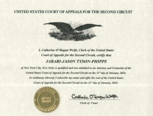 Admitted Attorney United States Appellate Court For the 2nd Circuit JJTP Jabari-Jason Tyson-Phipps