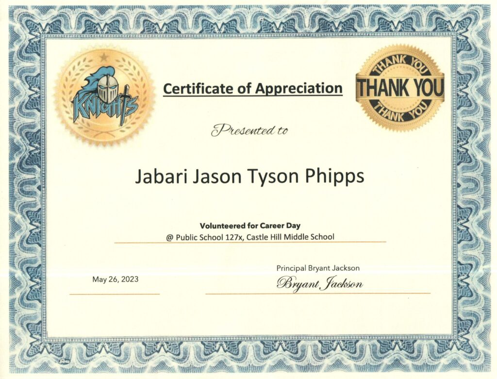 Certificate of appreciation Bronx Career Day